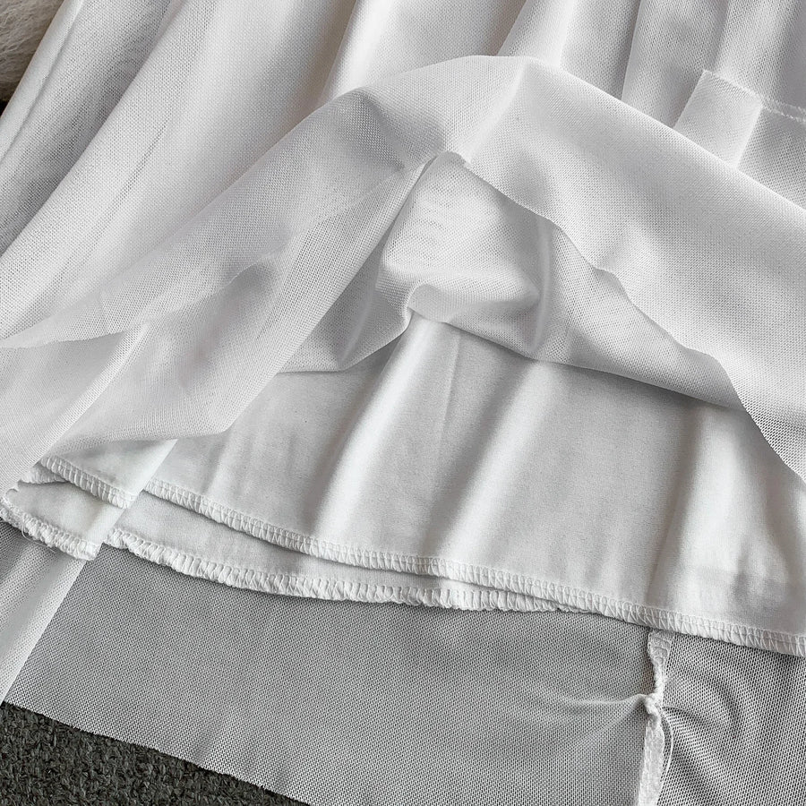 Celebrities Metal Buckle Square Collar with Chest Pad Dress Women's High-end Lace Splicing Mesh Yarn Streamer Elegant Long Dress