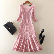 3/4 Sleeve V Neck Flower Embroidery Dress with High Quality Sequins