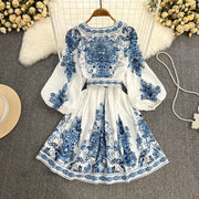Women Dress Elegant Spring Autumn Retro Fashion Court Style Positioning Printing Lantern Sleeve Single Breasted Vintage Dress