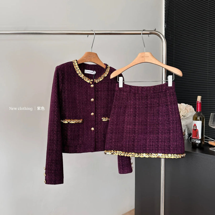 Small fragrance female high-grade single-breasted short coat temperament high-waist skirt two-piece