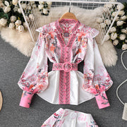 Two Piece Set Floral Print V Neck Flare Long Sleeve Shirt + Belted Pocket Shorts High Quality