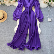 High Quality Lantern Sleeve Stretch Chiffon Wide Leg Deep V Neck Sexy Pleated Long Jumpsuit