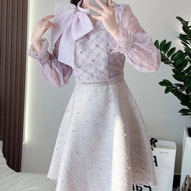 Elegant Long Sleeve Stand Collar Big Bow Tweed A-line Dress High Quality Embroidery