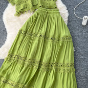 Luxury Long Dresses 2 Piece Sets Women Summer Holiday Hollow Out Crop Tops Elastic Waist Maxi Skirts Suits A Line Party Vestidos