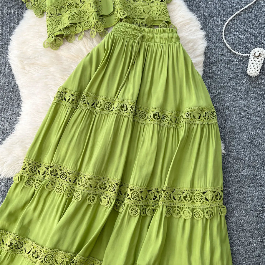 Luxury Long Dresses 2 Piece Sets Women Summer Holiday Hollow Out Crop Tops Elastic Waist Maxi Skirts Suits A Line Party Vestidos