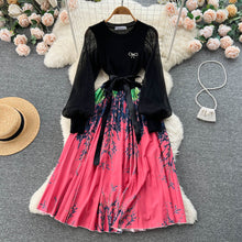 High Quality Flower Print Knitted Mesh Stitching Lantern Sleeve Pleated Dress