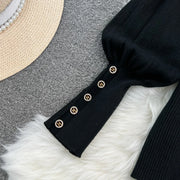 Women Elegant Style Two-piece Winter Lantern Long Sleeve Stand Collar Slim Knit Top High Waist Plaid Skirt Two-piece Set Women
