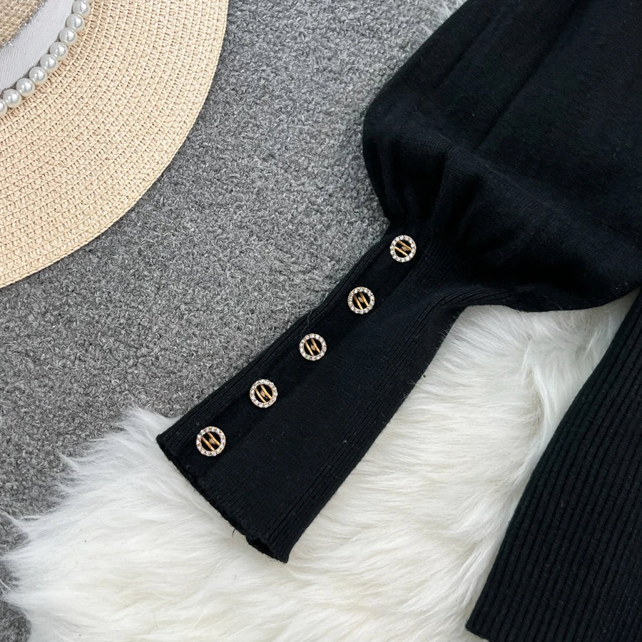 Women Elegant Style Two-piece Winter Lantern Long Sleeve Stand Collar Slim Knit Top High Waist Plaid Skirt Two-piece Set Women