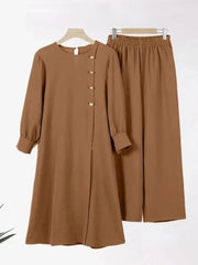 High Quality Button Split Blouse and Pants Two Piece Set