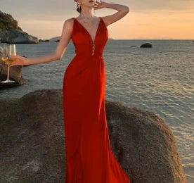Elegant Satin V-neck Chic Straps Sexy Sleeveless Hotsweet Slim Slip Long Dresses Vintage High Street Women Clothing