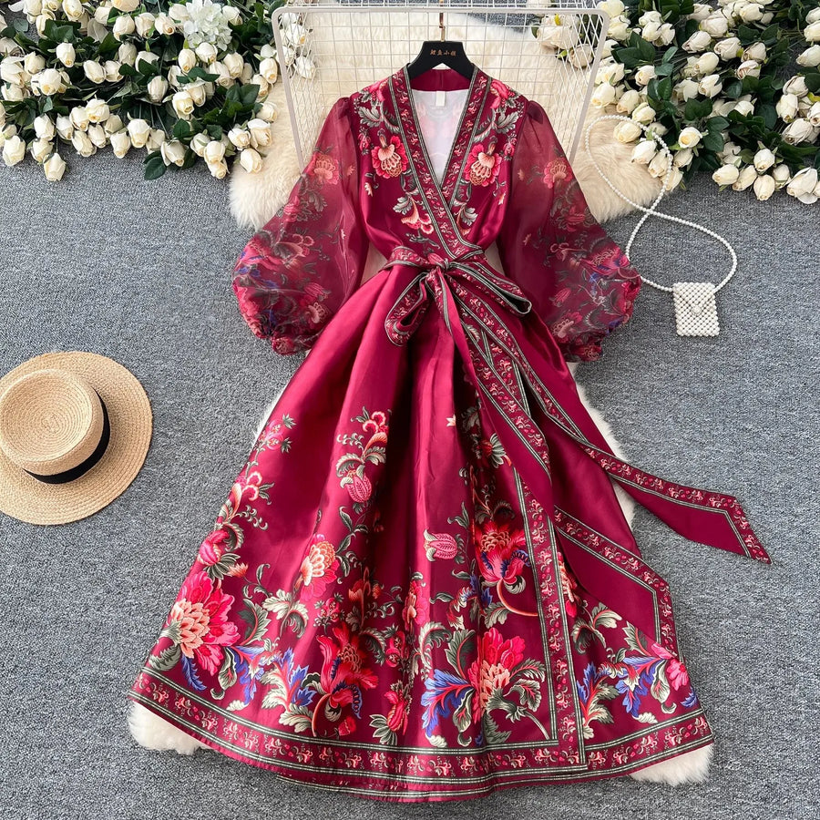 High quality retro floral print thick V-neck puff sleeve chiffon patchwork lace-up wrap satin dress