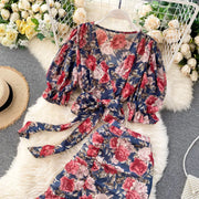 Sexy Two Pieces Sets Chic Bandage chiffon Shirt Top with sweet High Waist mermaid Skirt Beach Vacation Sets
