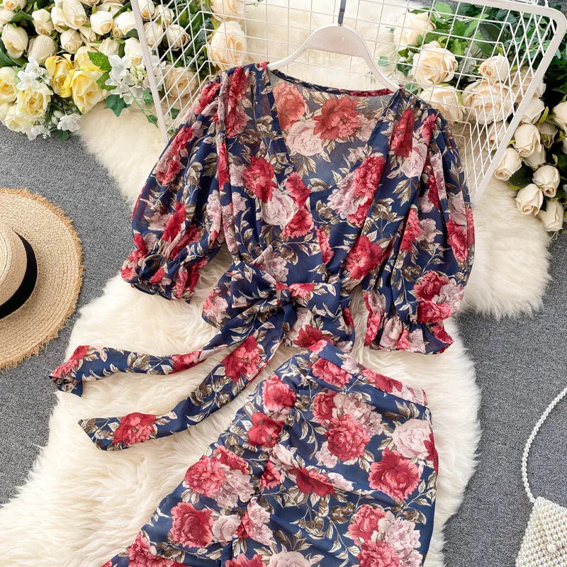 Sexy Two Pieces Sets Chic Bandage chiffon Shirt Top with sweet High Waist mermaid Skirt Beach Vacation Sets