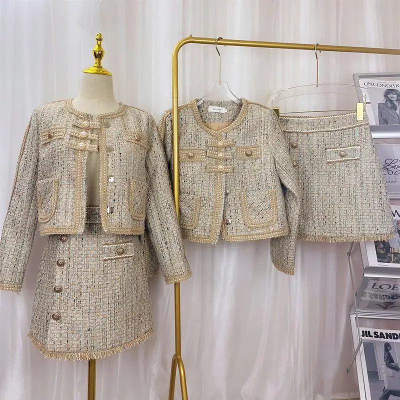 Women Winter Elegant Vintage Tweed Fragrant Suit Jacke Coat Top And Skirt Two Piece Set Outfit Jacquard Formal Party Clothing