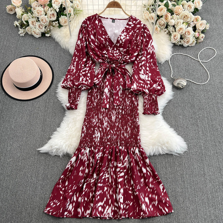 Retro Sweet V Neck Slim Lace -up Print Autumn Summer Elegant Elastic Dress A-line Long Sleeve Vacation Women Mermaid Dresses