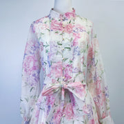 High quality floral A-line puff sleeve belted single breasted dresses with bows