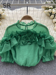 High-quality lantern-sleeved high-neck flared blouse in various colors