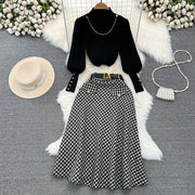 Women Elegant Style Two-piece Winter Lantern Long Sleeve Stand Collar Slim Knit Top High Waist Plaid Skirt Two-piece Set Women