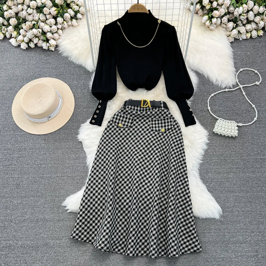 Women Elegant Style Two-piece Winter Lantern Long Sleeve Stand Collar Slim Knit Top High Waist Plaid Skirt Two-piece Set Women