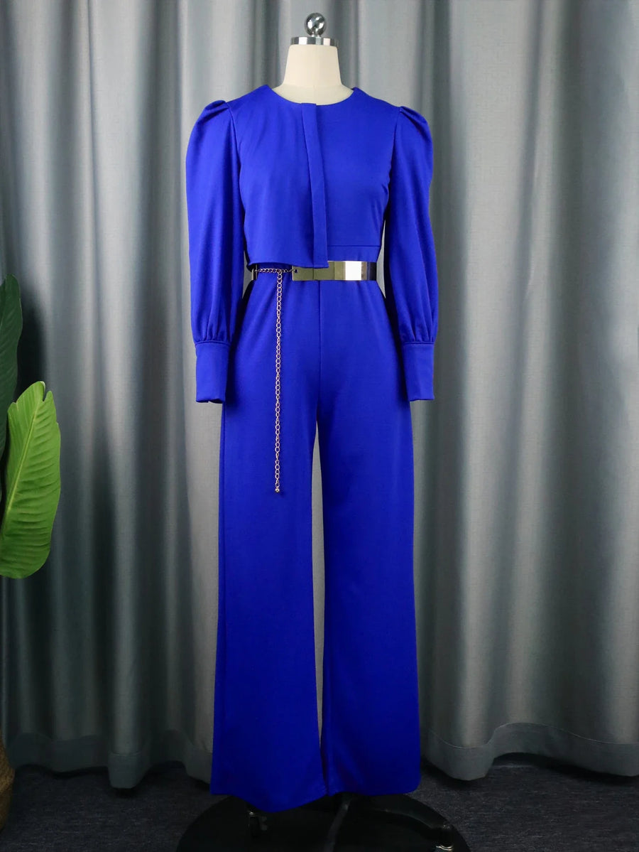 High Quality Long Sleeve Elegant Metal Belt Wide Leg One Piece Elegant Jumpsuit