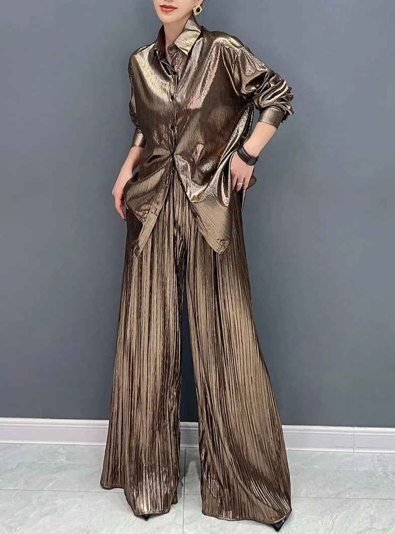 Two Piece Sets Shiny Pleated Long Shirt with Belt Wide Leg Pants High Quality