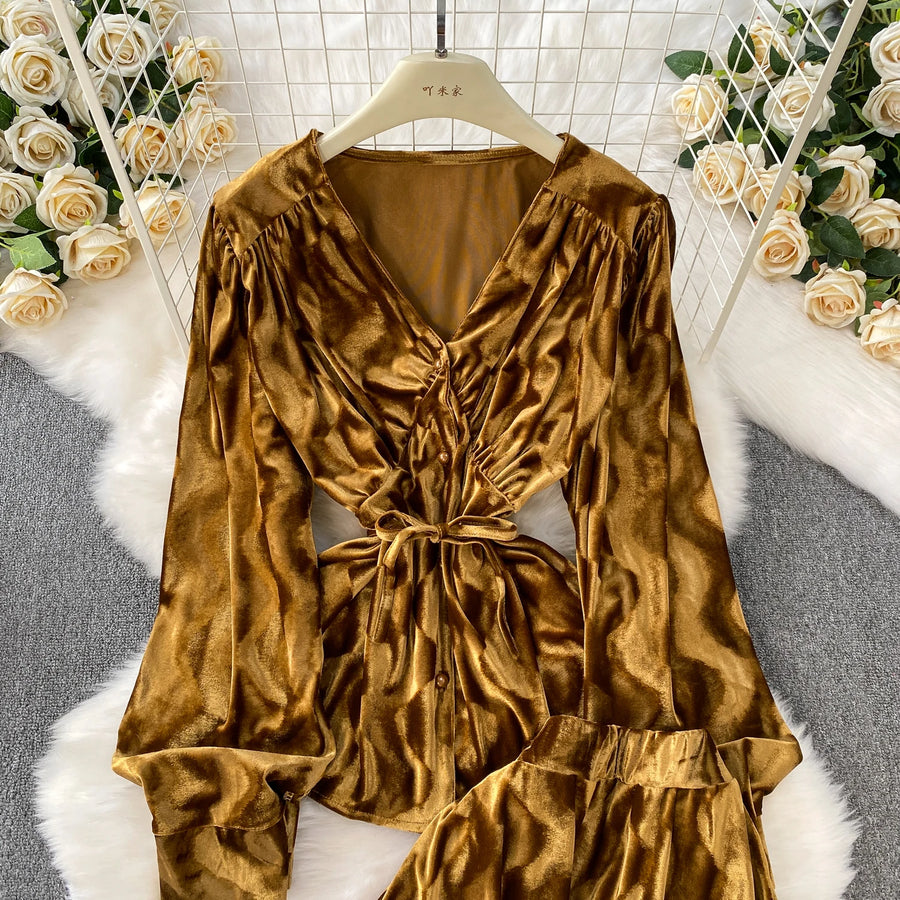 Autumn Velvet Skirt Two-piece Set V-neck Single Breasted Shirt Jacquard Skirts Suit  French Elegant Fashion Women Matching Sets