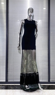 Black bodycon dress with tassel hem and shiny mesh with diamonds