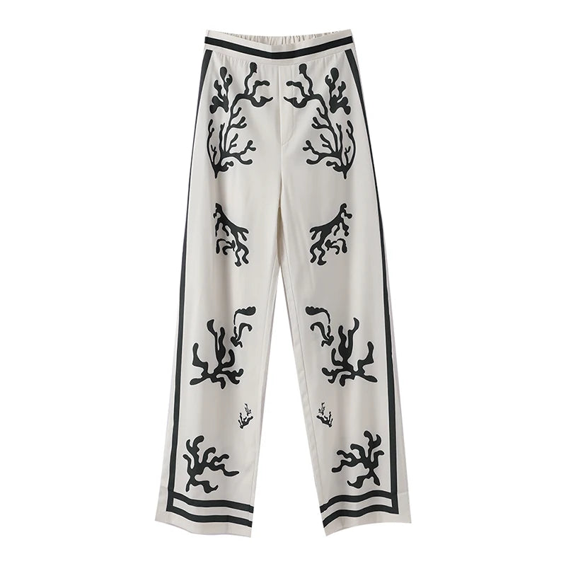 2024 Summer Fashion Print Long Pant Sets Women's Lapel Long Sleeve Shirt Wide Leg Trousers Lady Chic 2 Pieces Sets Street Outfit
