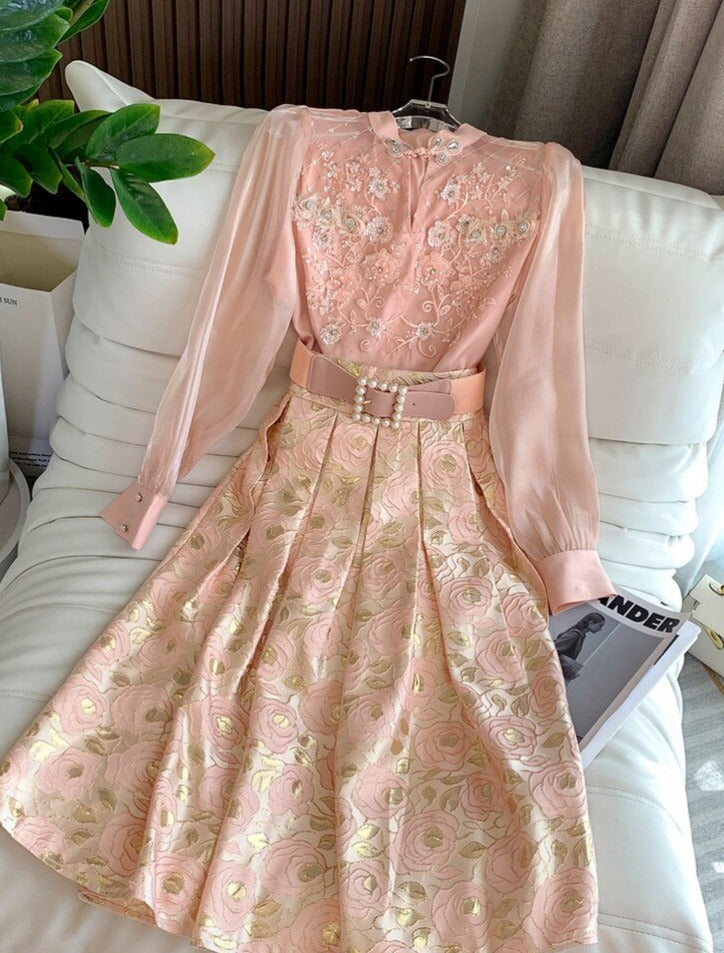 Flower Embroidery Two Piece Set Elegant Pearl Pink Blouse Shirt+Belt High Quality Floral Jacquard Midi Skirt