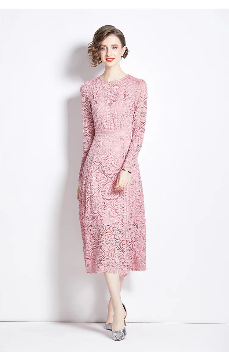 High Quality Pink and Yellow Lace Long Sleeve A-line Elegant Dress