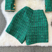 Two Piece Set Luxury Plaid Sequin Tweed Jacket+High Waist Shorts