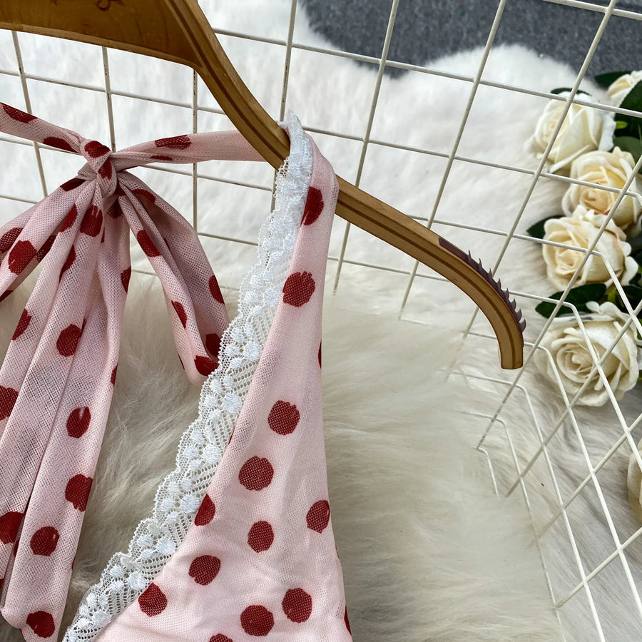 Elegant Sexy Lace Trim Knot V-Neck Halter Woman Dress Summer Ruffle Mesh Polka Dot Mini Woman Party Club Daily Streeywear Dress
