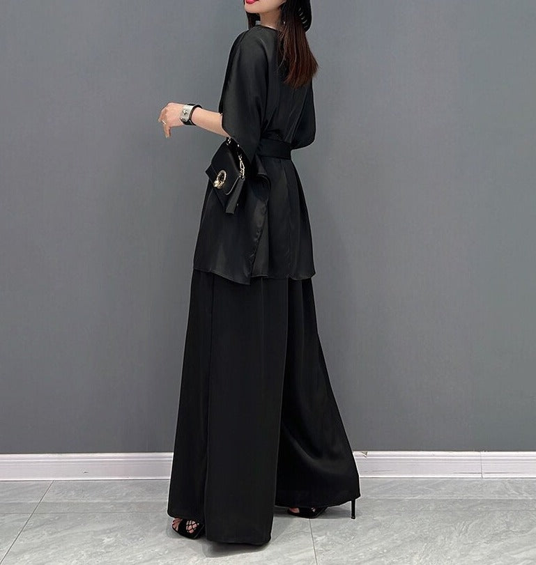 2 Piece Set Stylish Half Sleeve Blouses + With High Quality Wide Leg Long Pants