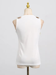 Square neck, sleeveless, patchwork top with high quality metal buckle