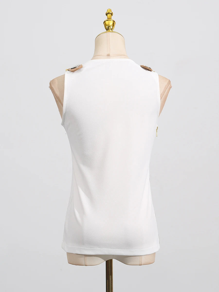 Square neck, sleeveless, patchwork top with high quality metal buckle