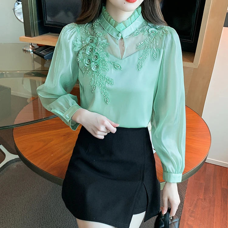 Elegant  Autumn Shirt Embroidery Beads Chiffon Simple Office Blouse Loose Tops Long Sleeve Casual Blouses Women