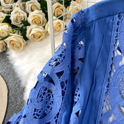 Summer Embroidery Maxi Dress Two Piece Set Women Blue Hollow Lace Long Sleeve Blouse Shirts 3pcs Sets Elastic Waist Skirts Suits