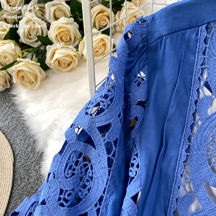 Summer Embroidery Maxi Dress Two Piece Set Women Blue Hollow Lace Long Sleeve Blouse Shirts 3pcs Sets Elastic Waist Skirts Suits