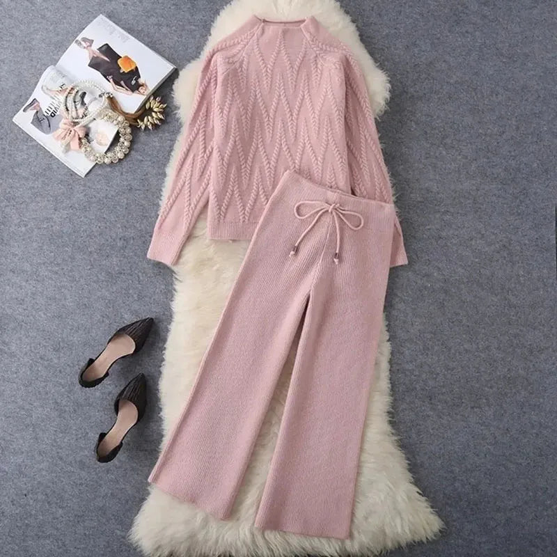 2 Piece Sets Knitted Tops Knitted Suit Wide Leg Pants High Quality