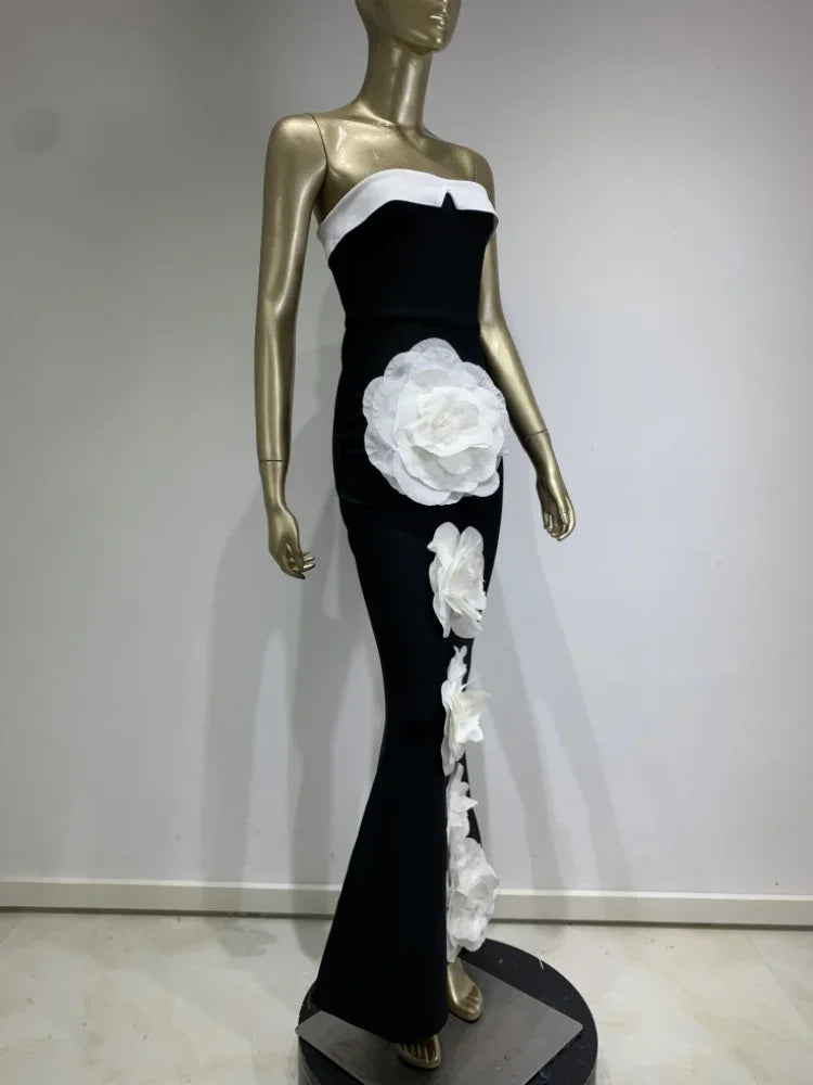 High quality big flower patchwork Black and White strapless bandage dress Negro / XS High quality big flower patchwork Black and White strapless bandage dress Negro / XS