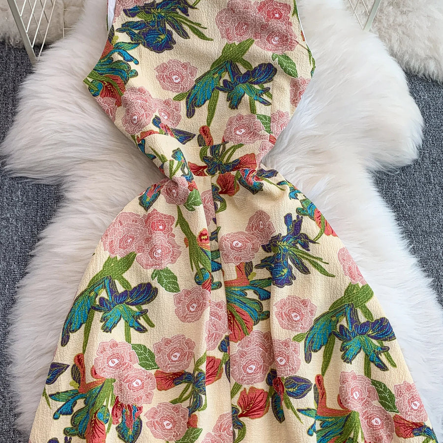 Elegant Vintage Office Long Dress Women Summer V Neck Sleeveless Print Floral Luxury Dress Evening Party Birthday Dresses