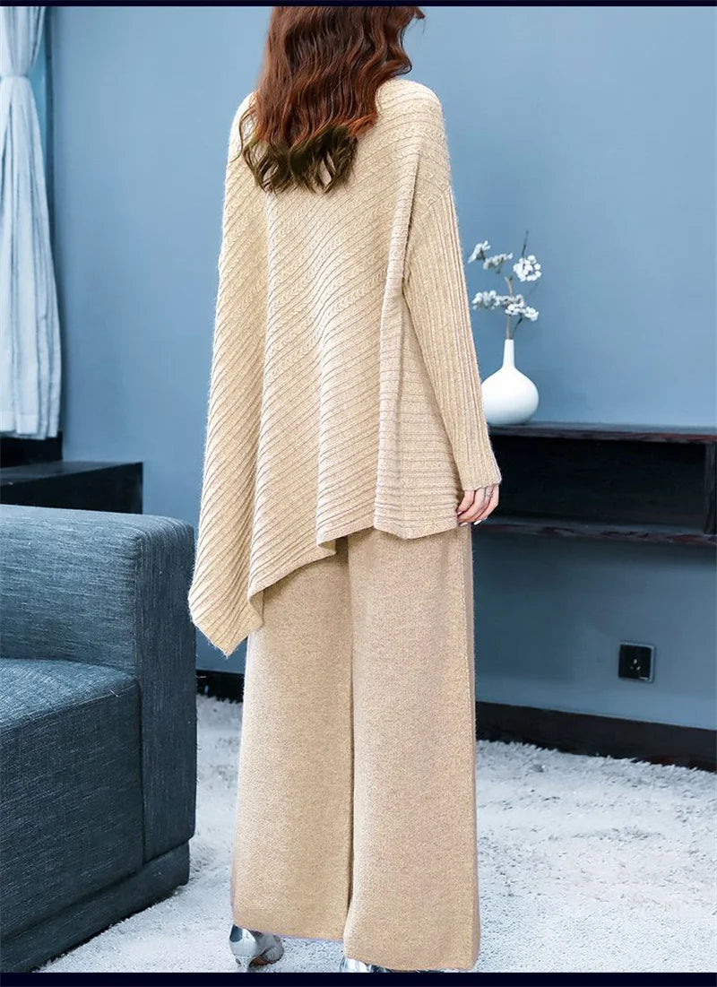 High Quality Turtleneck Knitted Wide Leg Irregular 2 Piece Set