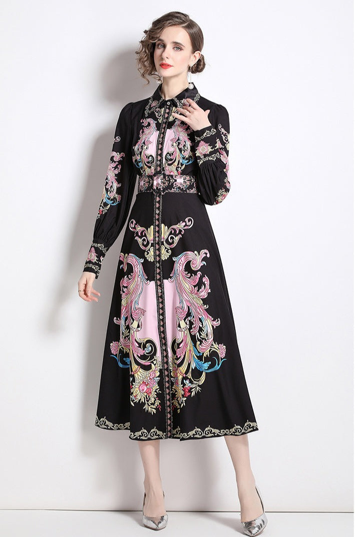 High Quality Flower Print Elegant Belted Long Flare Sleeve Dresses