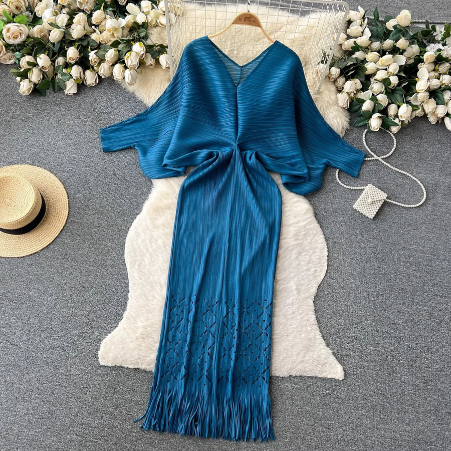 High quality pleated batwing sleeve v neck high stretch loose dresses