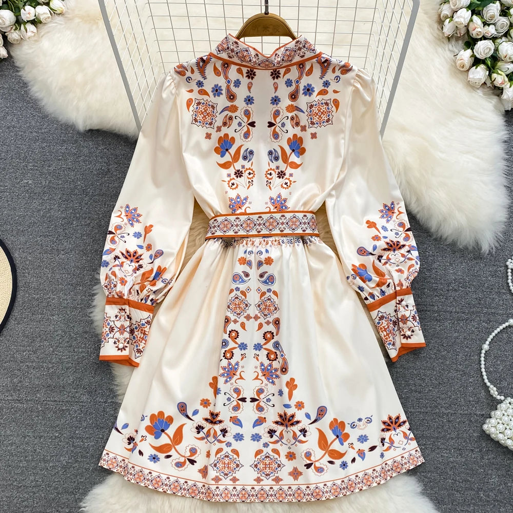 High quality floral print long sleeve bohemian short dress