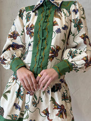 High Quality Single Breasted Long Flare Sleeve Loose Flower Print Pleated Mini Dress
