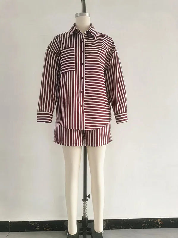 Women Shorts Pant Set Two Piece Sets Jogger Tracksuit Turn Down Collar Full Sleeve Shirt Striped Short Pants High Waist
