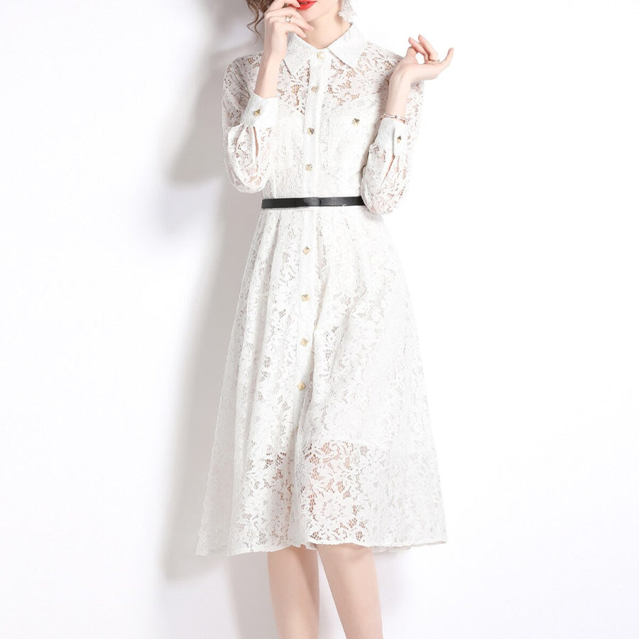 high quality multi color lace dress with pockets, long sleeves, buttons with collar