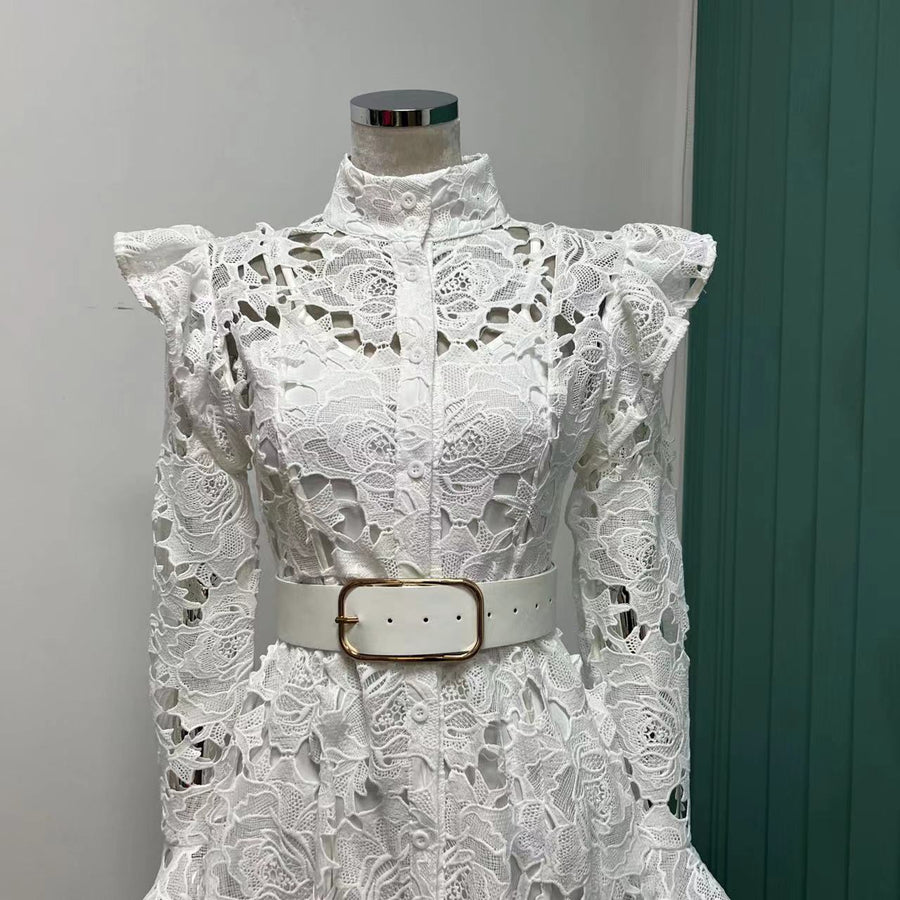 High quality French temperament water soluble lace single-breasted hollow long-sleeved dress