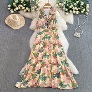 Elegant Vintage Office Long Dress Women Summer V Neck Sleeveless Print Floral Luxury Dress Evening Party Birthday Dresses